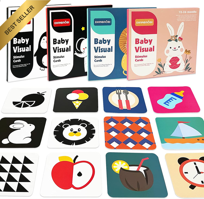 64 PCS 128 Page Baby Visual Stimulation Cards,High Contrast Infant Flashcards fo