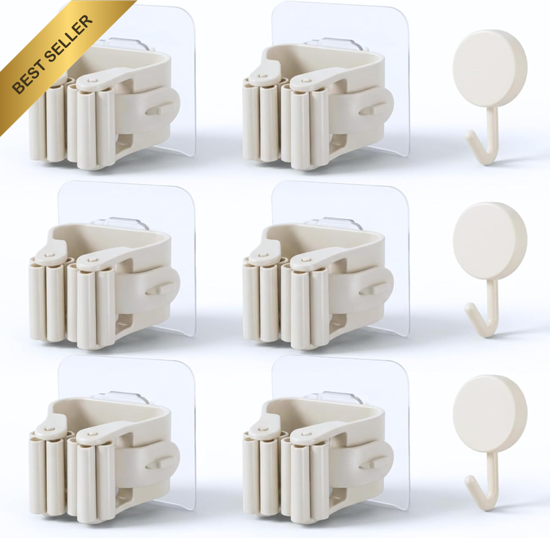 ️ 6 Piece Broom and Mop Hanger with Adhesive, No Holes + 3 Adhesive Hooks | Broo