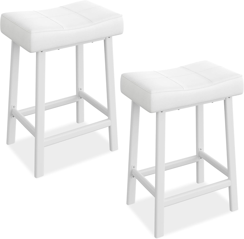 Counter Height Bar Stools Set of 2, 24 in Barstools for Kitchen Island Counter, Bonded Leather Kitchen Stools with 2.4 in Thick Saddle Seats for Dining Room, All White