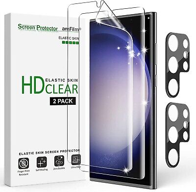 (2+2 pack) amFilm Elastic Skin for S23 Ultra TPU Screen & Camera Lens Protector