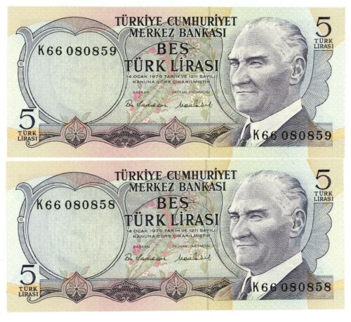 Turkey ... P-179 ... 5 Lirasi ... L.1930  ... Gem *UNC* ... Consecutive notes.