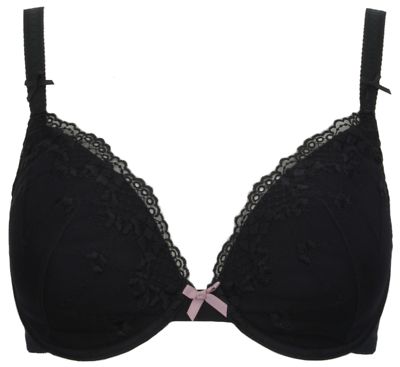 Ex-Store Embroidered Padded Plunge Bra Black with Lilac Bow