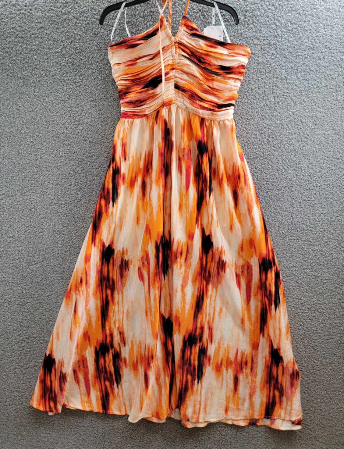 DKNY Printed Satin Strappy Halter Maxi Dress Women's L Orange Blossom Back Tie - Picture 2 of 14