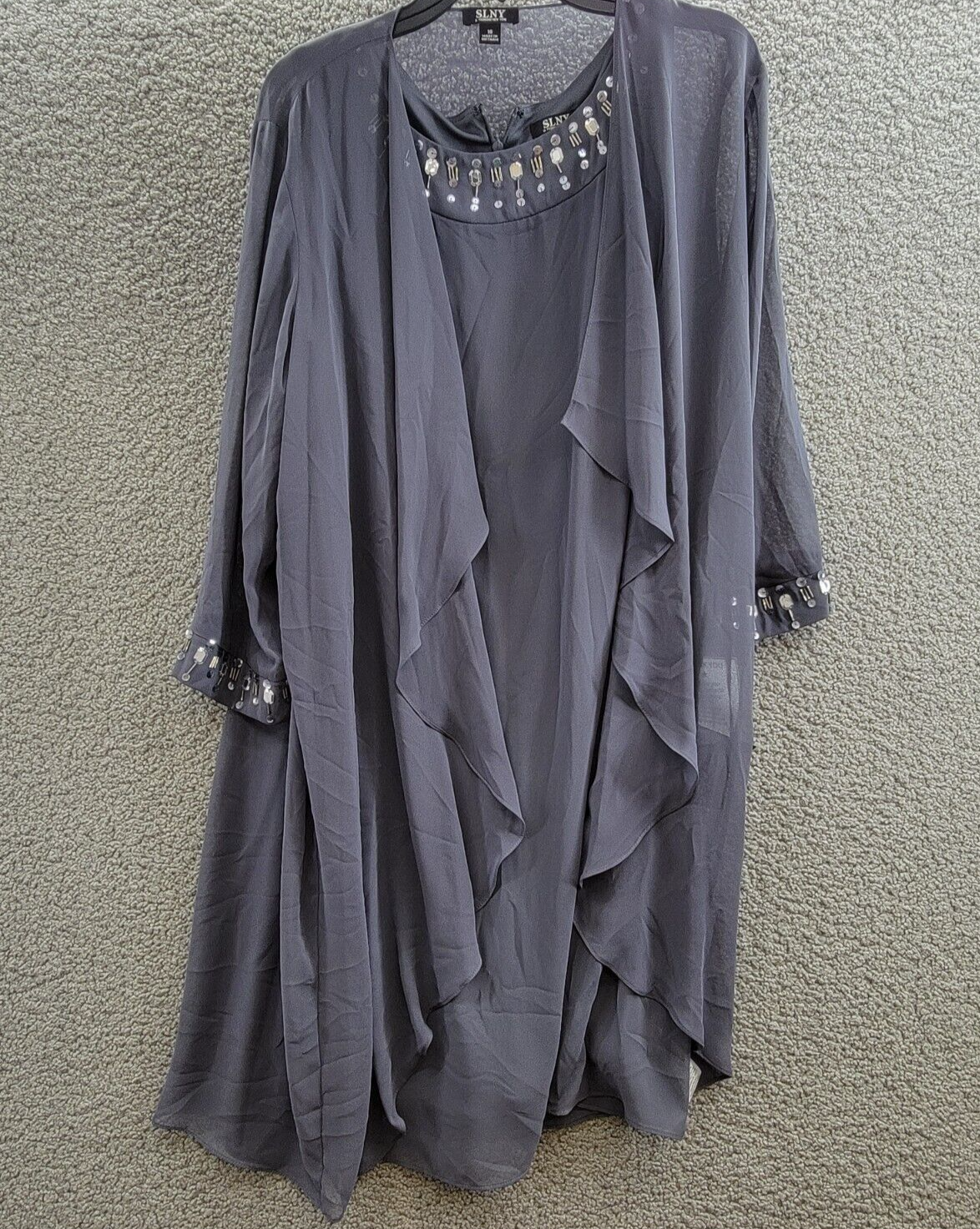 SLNY Sheath Dress & Sheer Jacket Set Women's 16 Steel Embellished Zip Closure - Picture 2 of 20