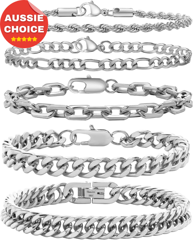 5 Pcs Stainless Steel Chain Bracelet Set 7.4 8.2 9 Inches Cuban Link Men Women