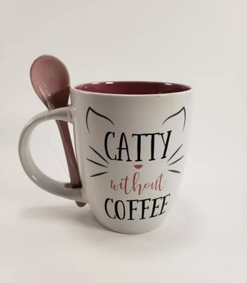 NEW Pink white and black coffee mug,  ''Catty without Coffee.'' With spoon.