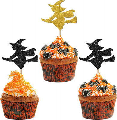 24Pcs Glitter Halloween Cupcake Toppers, Witch Cupcake Toppers, Birthday Witch C