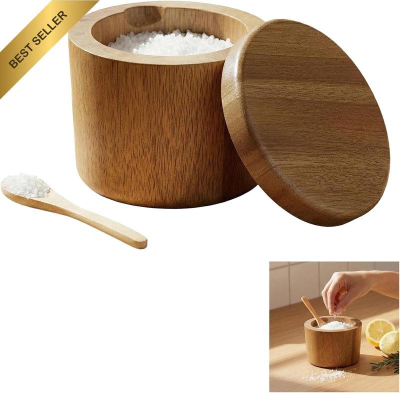 Premium Acacia Wood Salt Cellar Container，Swivel Magnetic Lid with 6Oz Capacity
