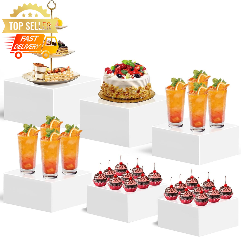6PCS Buffet Risers Acrylic Food Display Stands White Cube Boxes 9