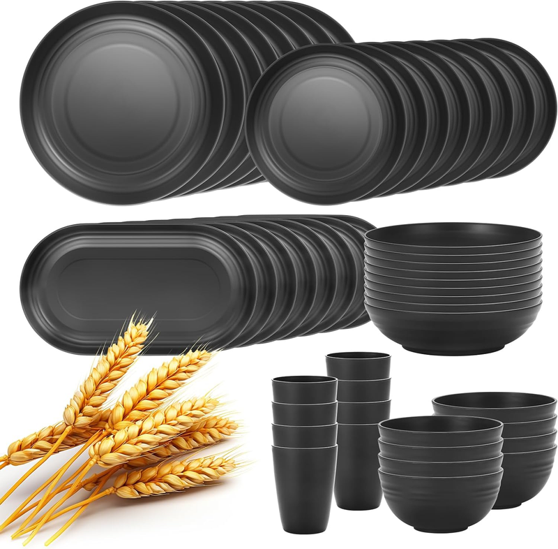 48-Pcs Kitchen Wheat Straw Dinnerware Set, Service for 8, Plastic Reuasble Dinne
