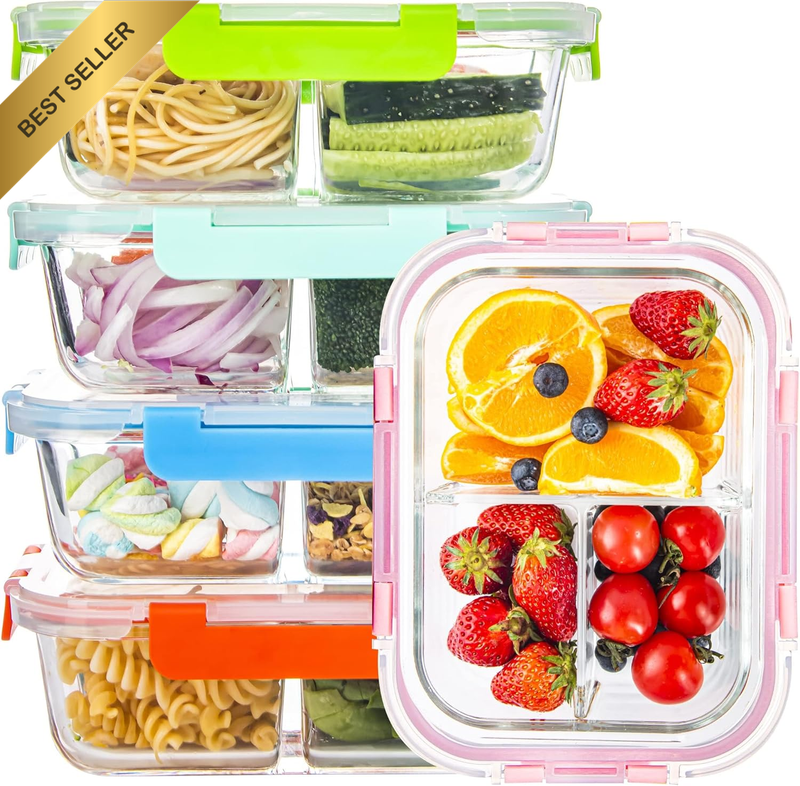 5 Pack Glass Meal Prep Containers 3 Comp Portion Control Snap Locking Lids Black