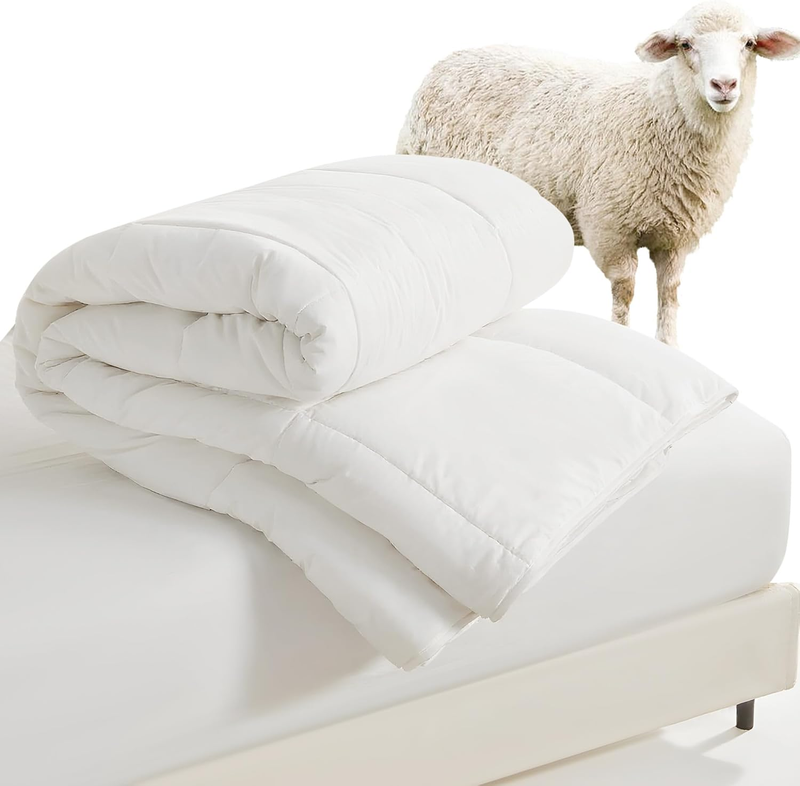 Lightweight Wool Comforter Queen Size - 100% Australian Wool Filling 120Gsm, Breathable & Thin Duvet Insert for Hot Sleepers, 60S Cotton Shell, All Season Comfort, White