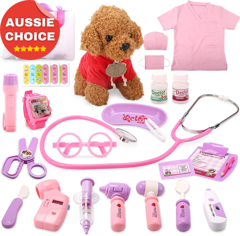 Toy Doctor Kit Girls Pretend Play Set with Dog Stethoscope Costume Bag Ages 3-6