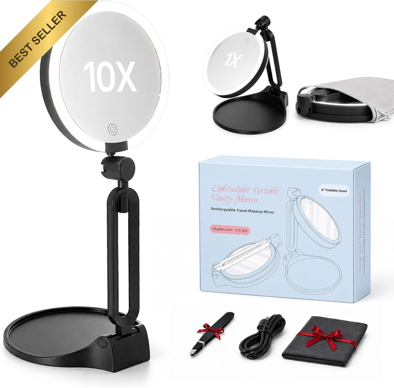 Travel Makeup Mirror with Lights 2026 New, Rechargeable Double-Sided 10X/1X Magn