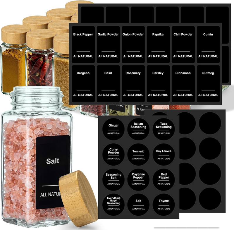 Preprinted Labels - Black Waterproof Stickers for Kitchen Dinning Spice Jars, Se