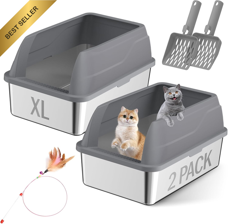 2 Pack XL Metal Cat Litter Box with Lid Scoop-Extra Large Stainless Steel Litter