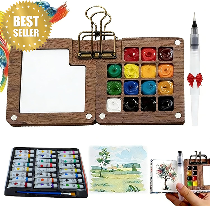 Mini Watercolor Travel Paint Set-15 Grid Portable Pocket Kit with Paints Brush B