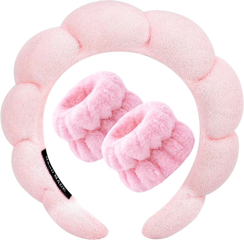 Pink Spa Headband Terry Cloth Puffy Non Slip Face Wash Makeup Hair Band