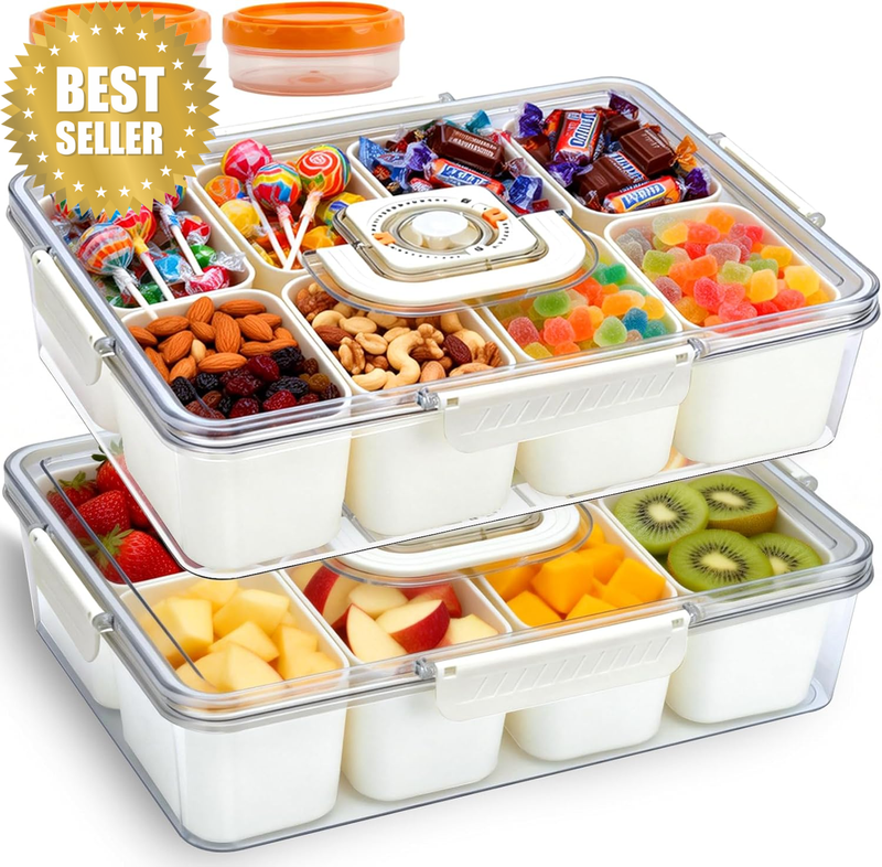 2 Pack Snack Box with Date Record Divided Serving Tray with Lid and Handle 8 Com