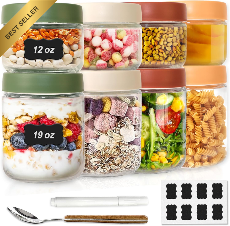Overnight Oats Containers Jar, 8 Pack 12Oz ＆19Oz Glass Food Storage Jars with Li
