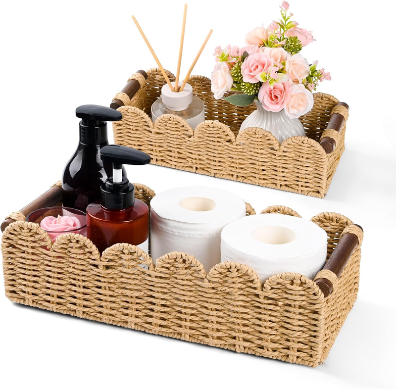 Paper Rope Toilet Paper Storage Small Basket, Set of 2 Scalloped Edge Woven Wick