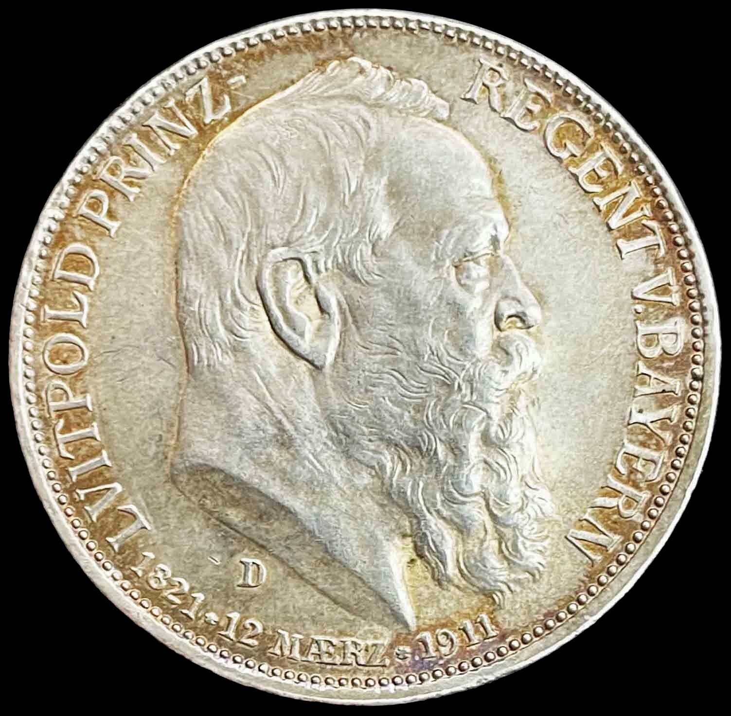 1911 D SILVER BAVARIA GERMAN STATES 3 MARKS 90th BIRTHDAY