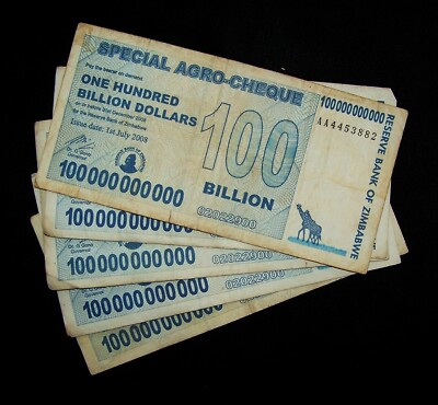 5 x Zimbabwe 100 Billion dollar agro cheque banknotes