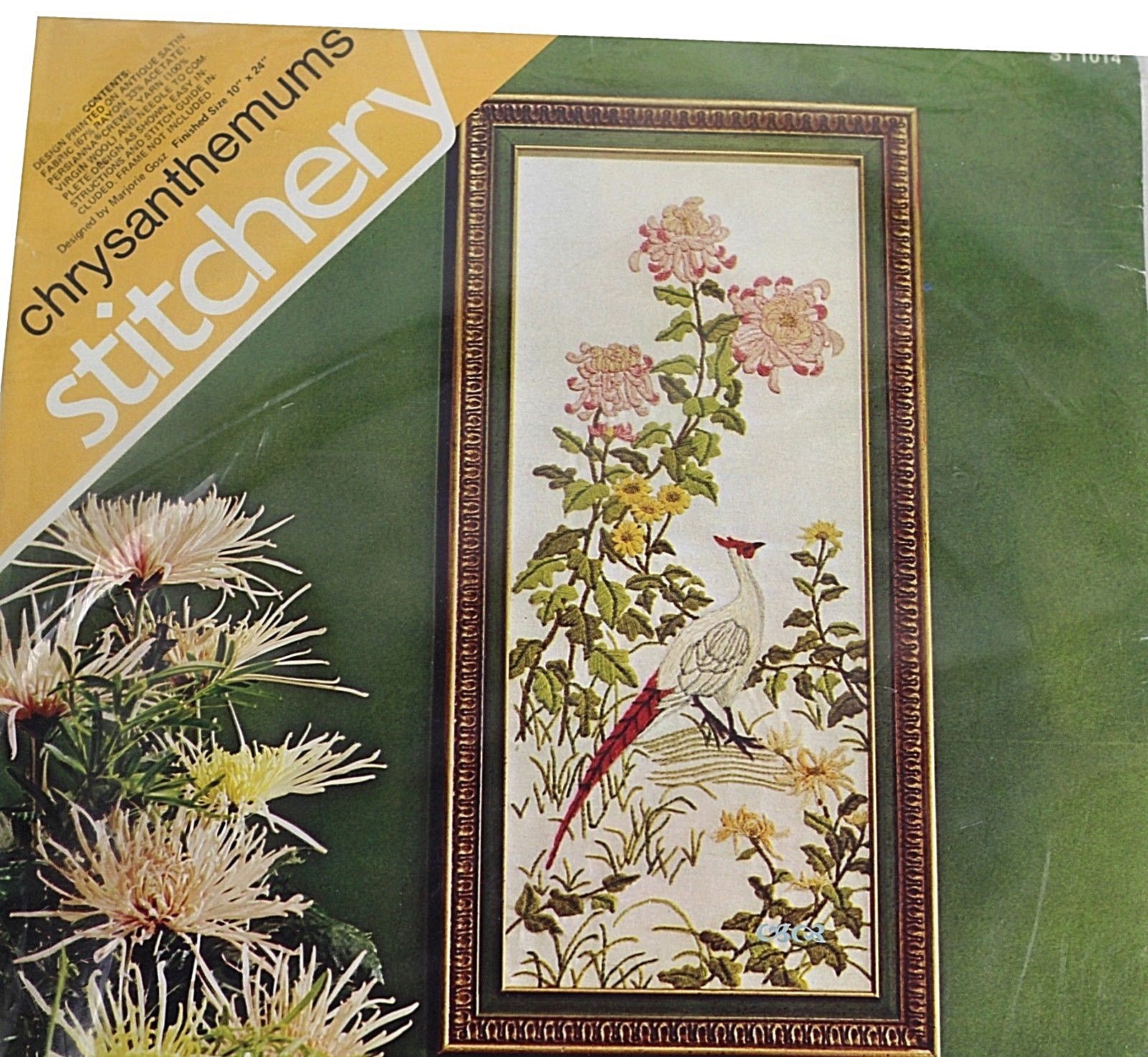 Spinnerin Stitchery CHRYSANTHEMUMS Marjorie Gosz Vtg Crewel Kit Asian Style Bird