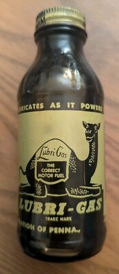 Sealed NOS Glass Lubri-Gas Oil Bottle Unopened Full Of Oil Sitting Camel Graphic