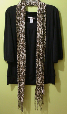 NEW W/TAGS FRED DAVID WOMENS LARGE BLACK LONG SLEEVE BLOUSE  & ANIMAL PRINT WRAP