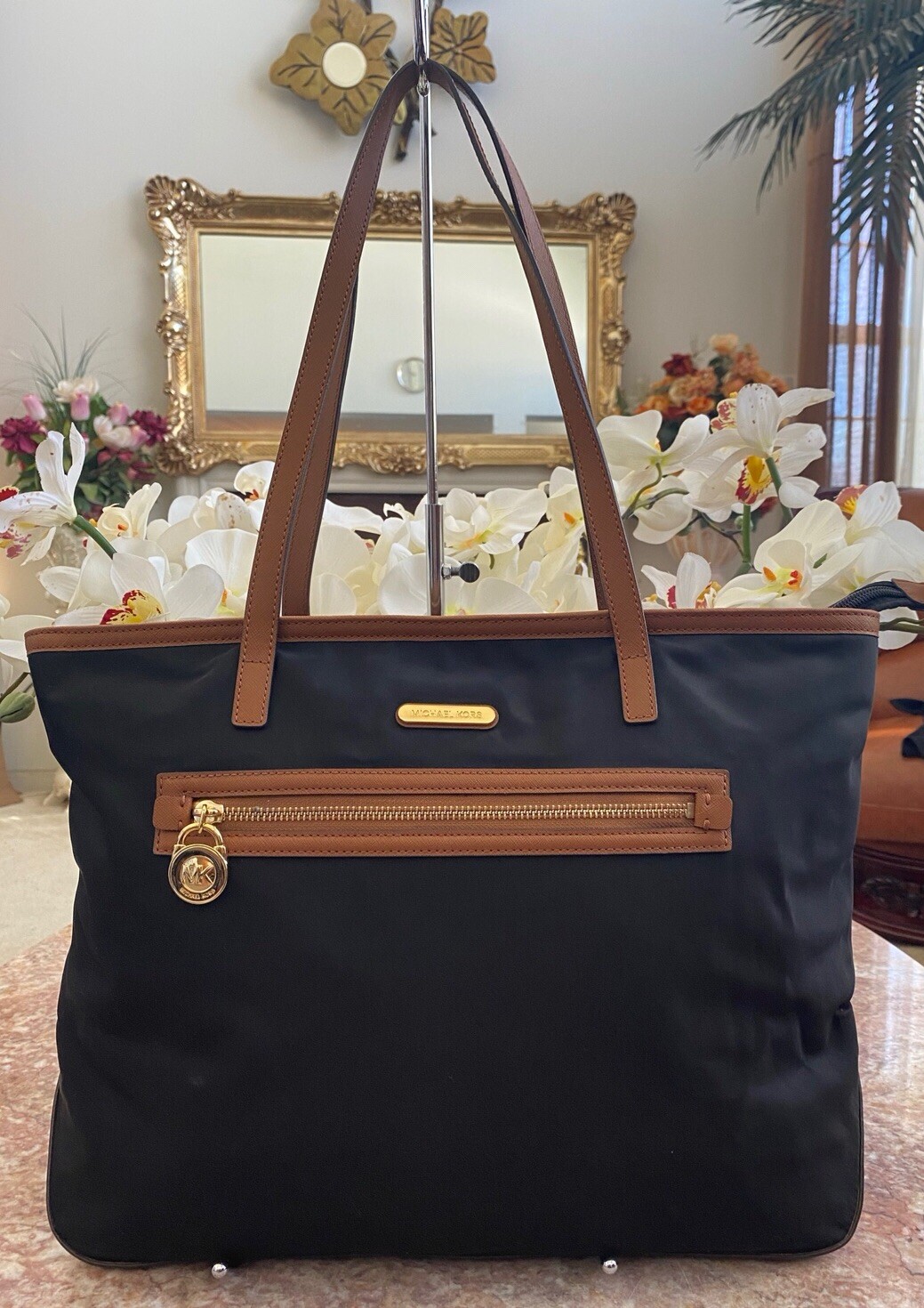 Michael Kors Kempton Black Nylon Brown Leather Trim Large