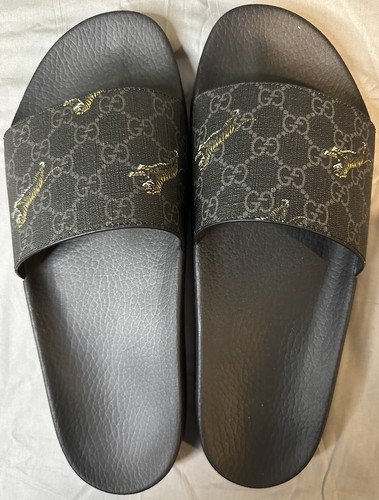 Pre-owned Gucci Gg Supreme Tigers Print Black Slides Mens Size 11 (us Size 11.5) Authentic