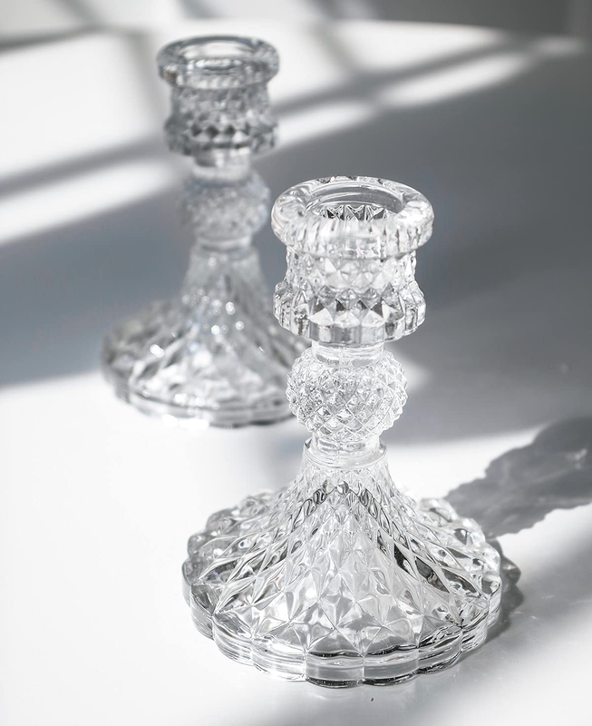 S Set Of 2, Clear Glass Candlestick Holder Fit 0.8 Inch