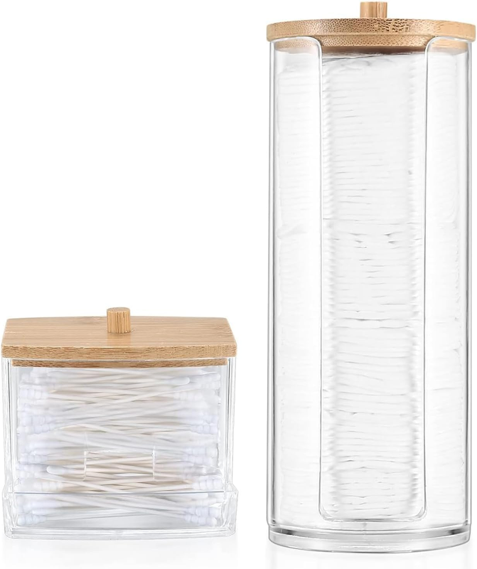2 Cotton Swab Dispensers, Cotton Pad Holder with Bamboo Cover, Circular Dispense
