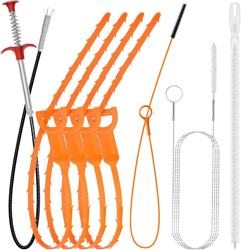 8-Piece Drain Clog Remover Kit: 130Cm Drain Snake, 150Cm Steel Sink Snake, 4Pcs