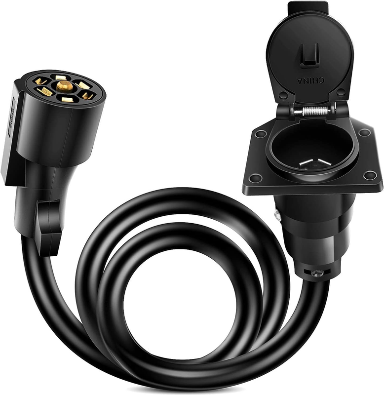 - 50050R 7-Way Trailer Plug Socket Extension Cable 3FT Long 10-14 AWG Double-Prong Copper Terminals/Wires for 7-Blade Trailer Wiring Connector Cord, 2 Years Warranty