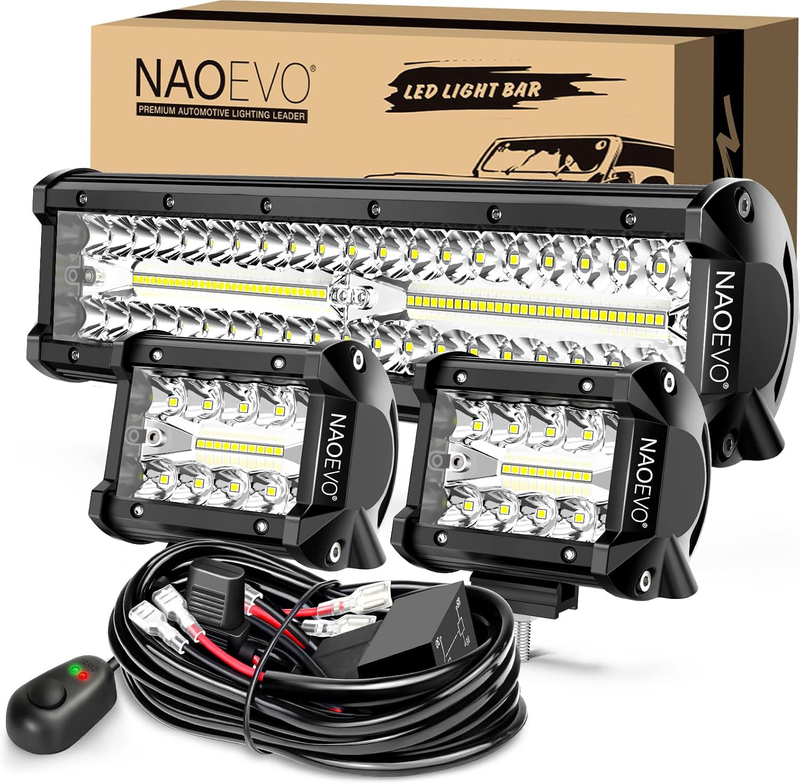 12Inch LED Light Bar and 2PCS 4Inch LED Pod Lights, 420W 42000LM LED Fog/Driving
