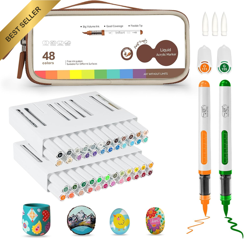 48 Colours Acrylic Paint Markers with Storage Bag，Brush Tip Quick-Dry Direct Liq