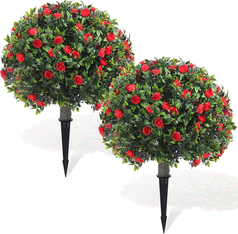 Set of 2 Artificial Boxwood Topiary Ball Tree 27 Inch Outdoor Boxwood Balls with Flower Faux Bush, UV Resistance Fake Shrub Plant with Spike for Garden Porch Patio Decor(Red,18X10Inch)