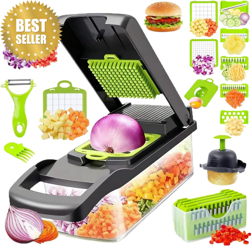 16-In-1 Multi-Functional Vegetable Chopper, Mandolin Slicer with Container, Onio