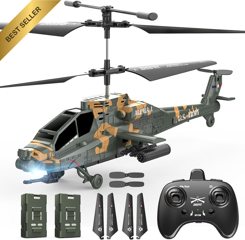 RC Helicopter Apache LED Lights 2 Batteries Altitude Hold 2.4Ghz Military