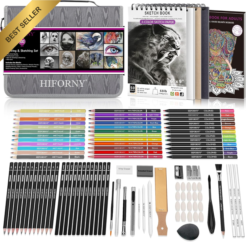100 PCS Drawing & Sketching Set, Professional Art Supplies with Graphite,Charcoa