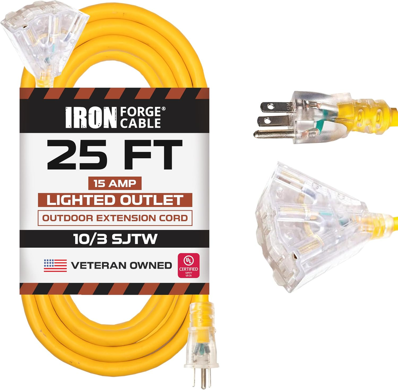 25 Foot Lighted Outdoor Extension Cord with 3 Electrical Power Outlets - 10/3 S