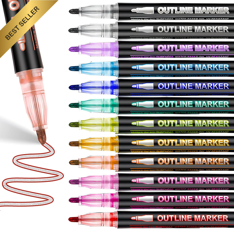 Dazzle Markers Double Line Outline 12 Colors, Magic Shimmer Paint Marker Pens fo