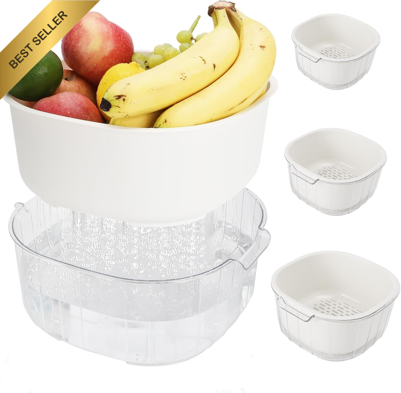 3-Set Plastic 2-in-1 Colander Strainer Basket Fruit Veg Pasta White