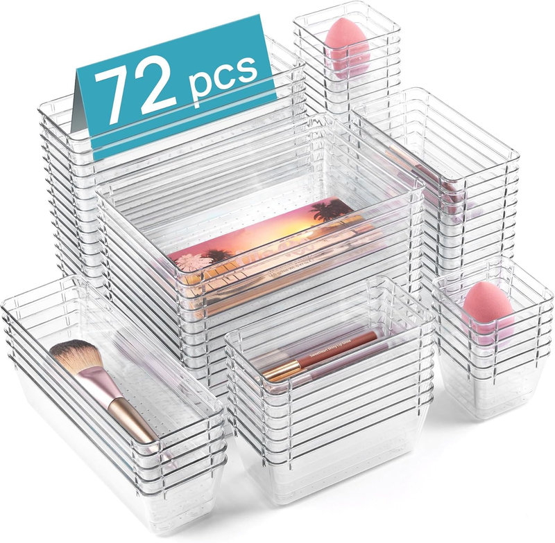 72PCS Clear Plastic Drawer Organizers Set, 4-Size Versatile Bathroom and Vanity