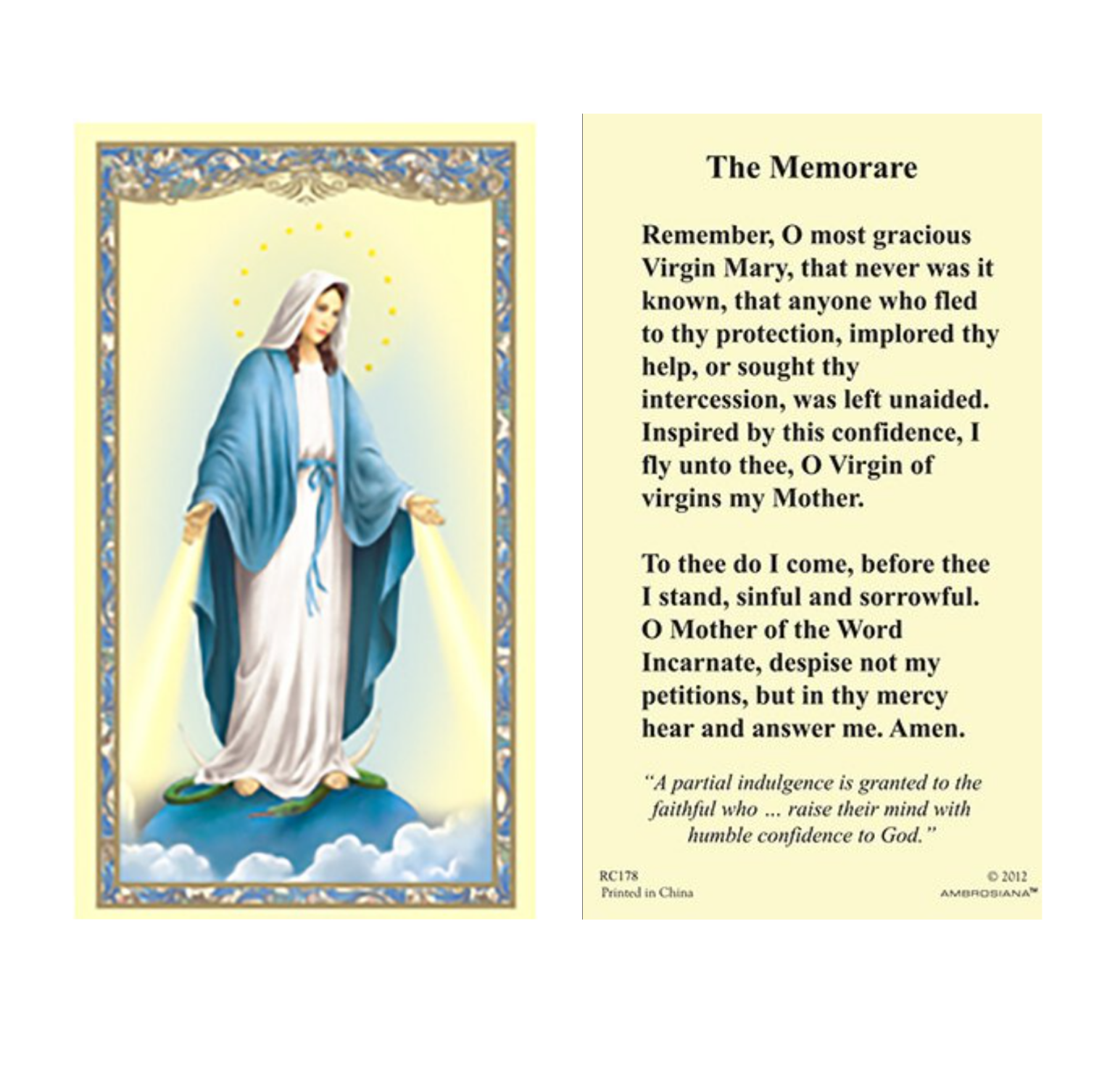 2 copies) The Memorare Prayer Holy Card Our Lady of Grace Mary Catholic | eBay for Free Printable Memorare Prayer Card