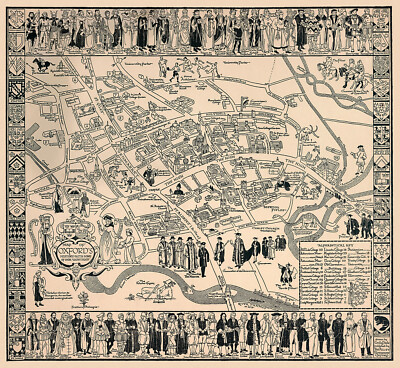 Mid-Century Pictorial Map of Oxfords History Historical Sites Landmarks Poster