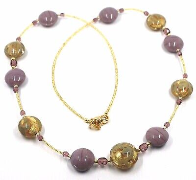 LONG NECKLACE PURPLE YELLOW MURANO GLASS DISC GOLD LEAF, 70cm, 27.5" ITALY MADE