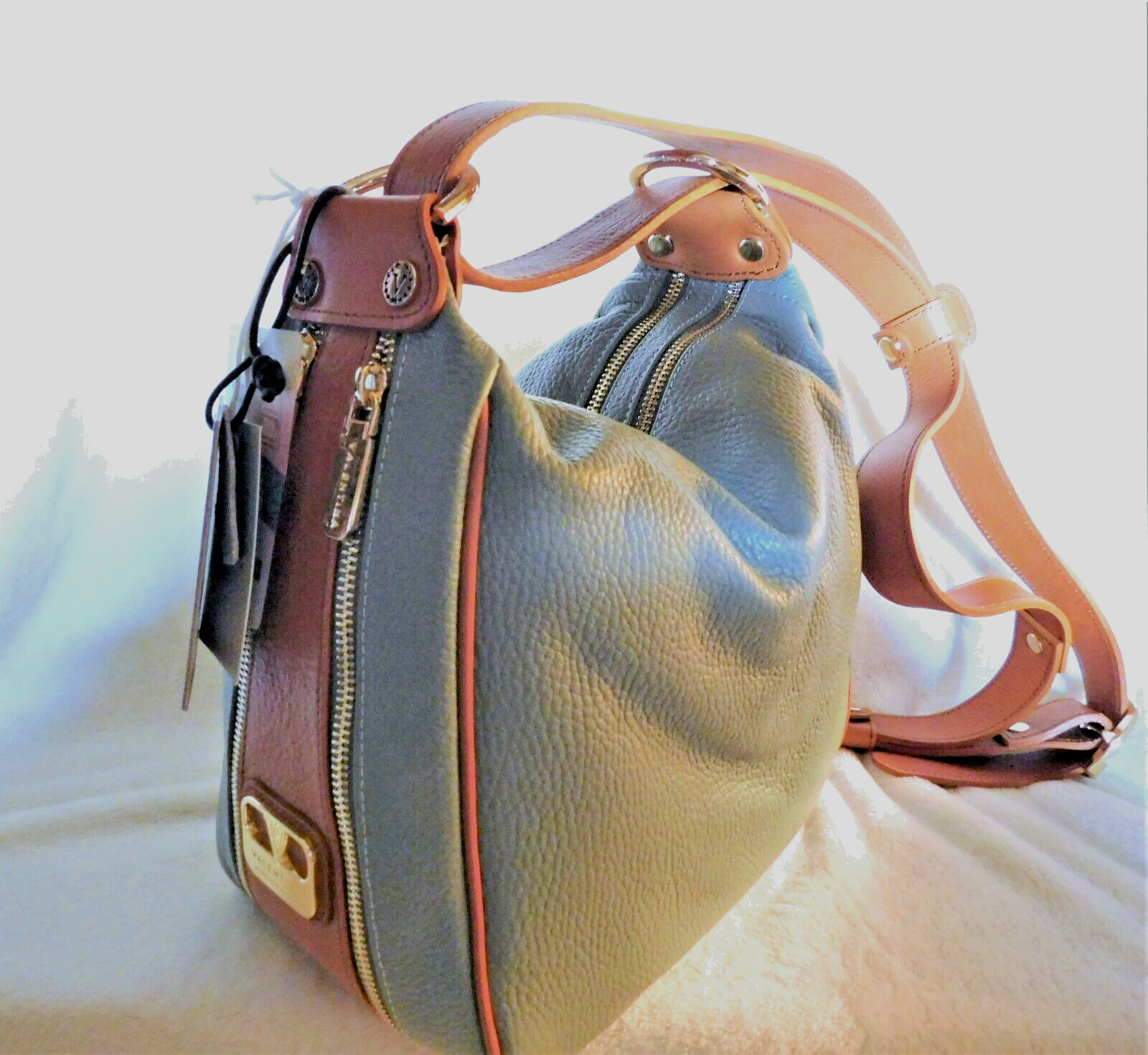 Valentina Italian Convertible Backpack Shoulder Bag Jade Green Cognac Trim NWT